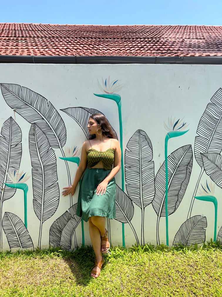 Bottle green A-line dress with handblock prints