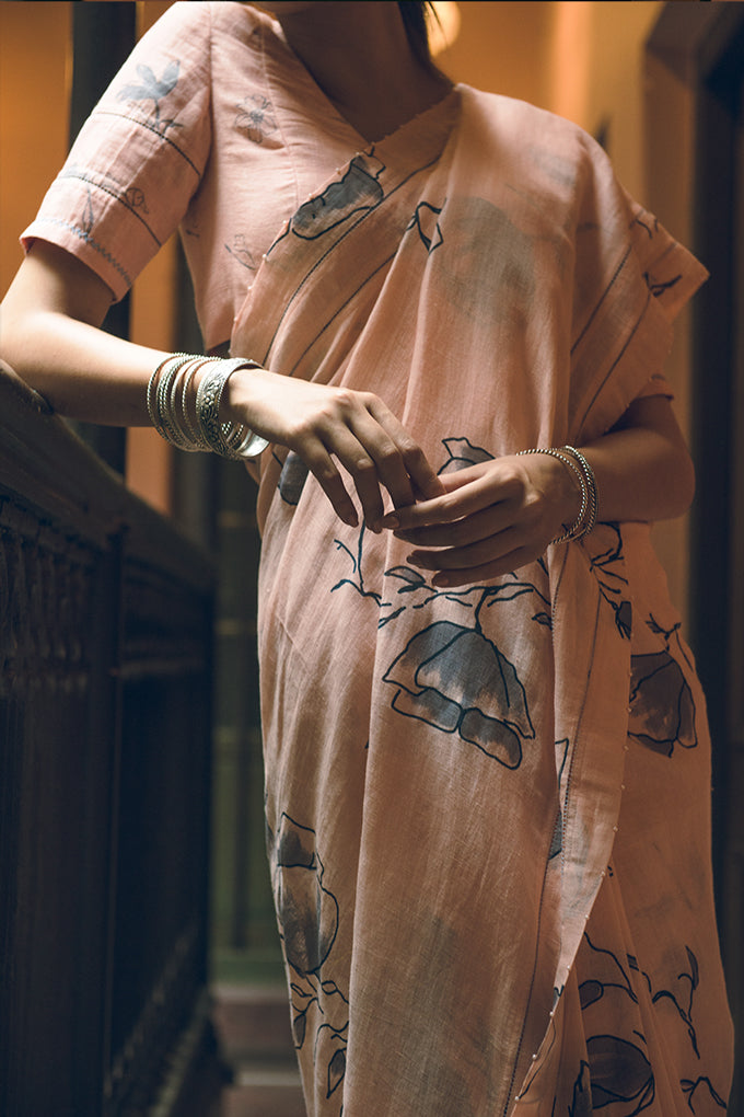 Peach Linen Handloom Saree