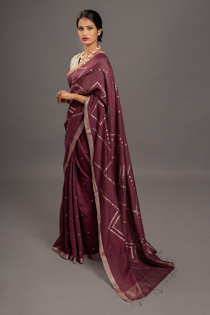 Burgandy Jamdani Khadi Handloom Saree