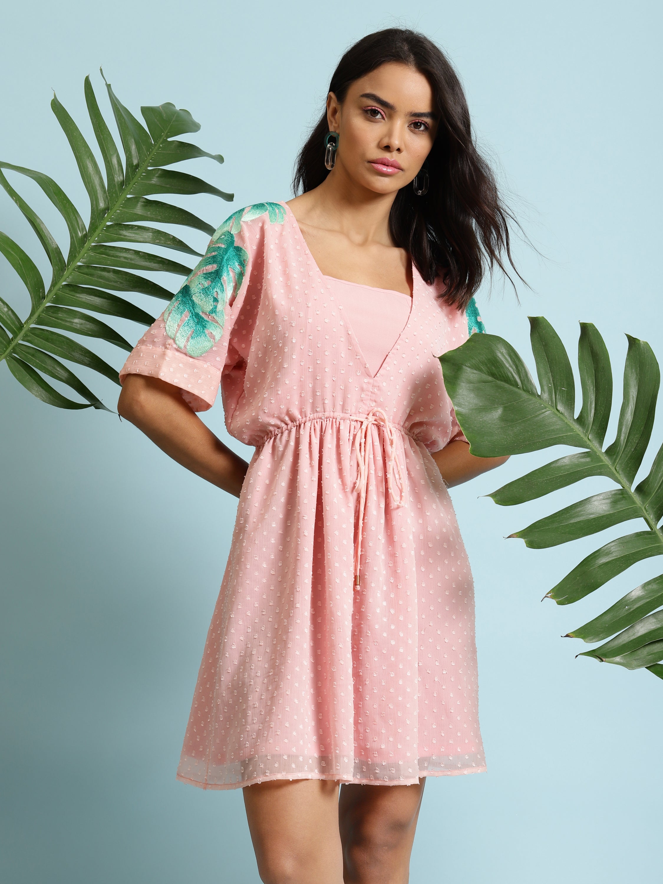 Pink Embroidered Drawstring Dress