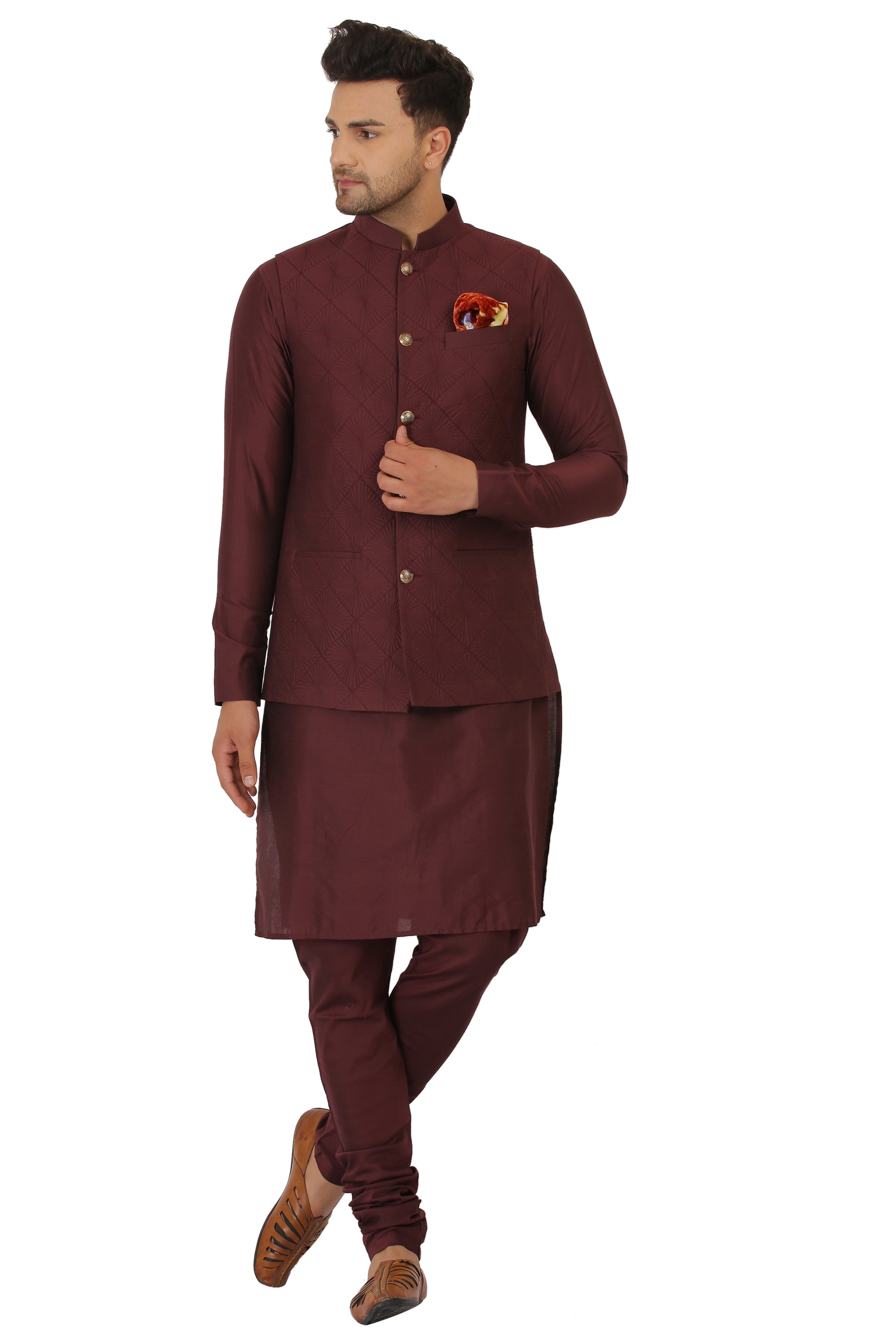 Wine Nehru Jacket Set