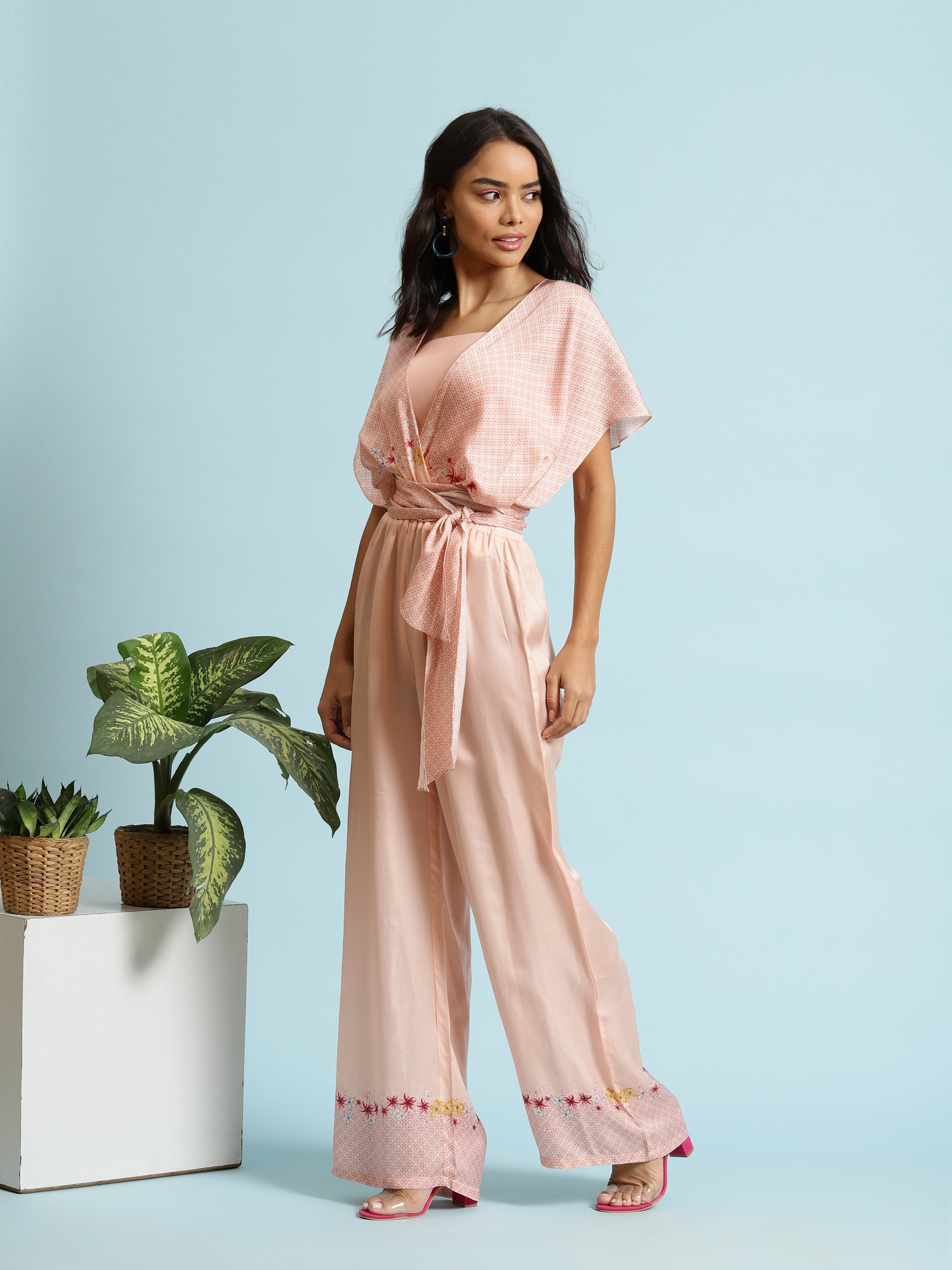 Floral Geometric Tie Jumpsuit