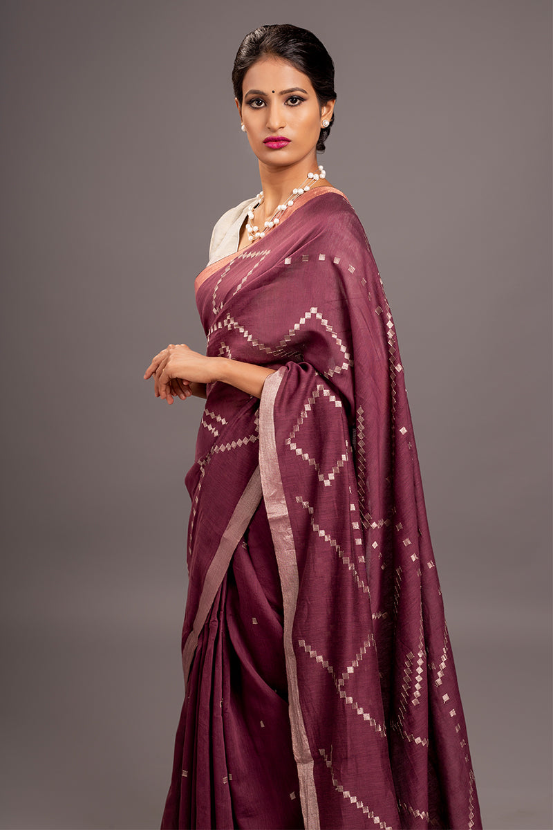 Burgandy Jamdani Khadi Handloom Saree