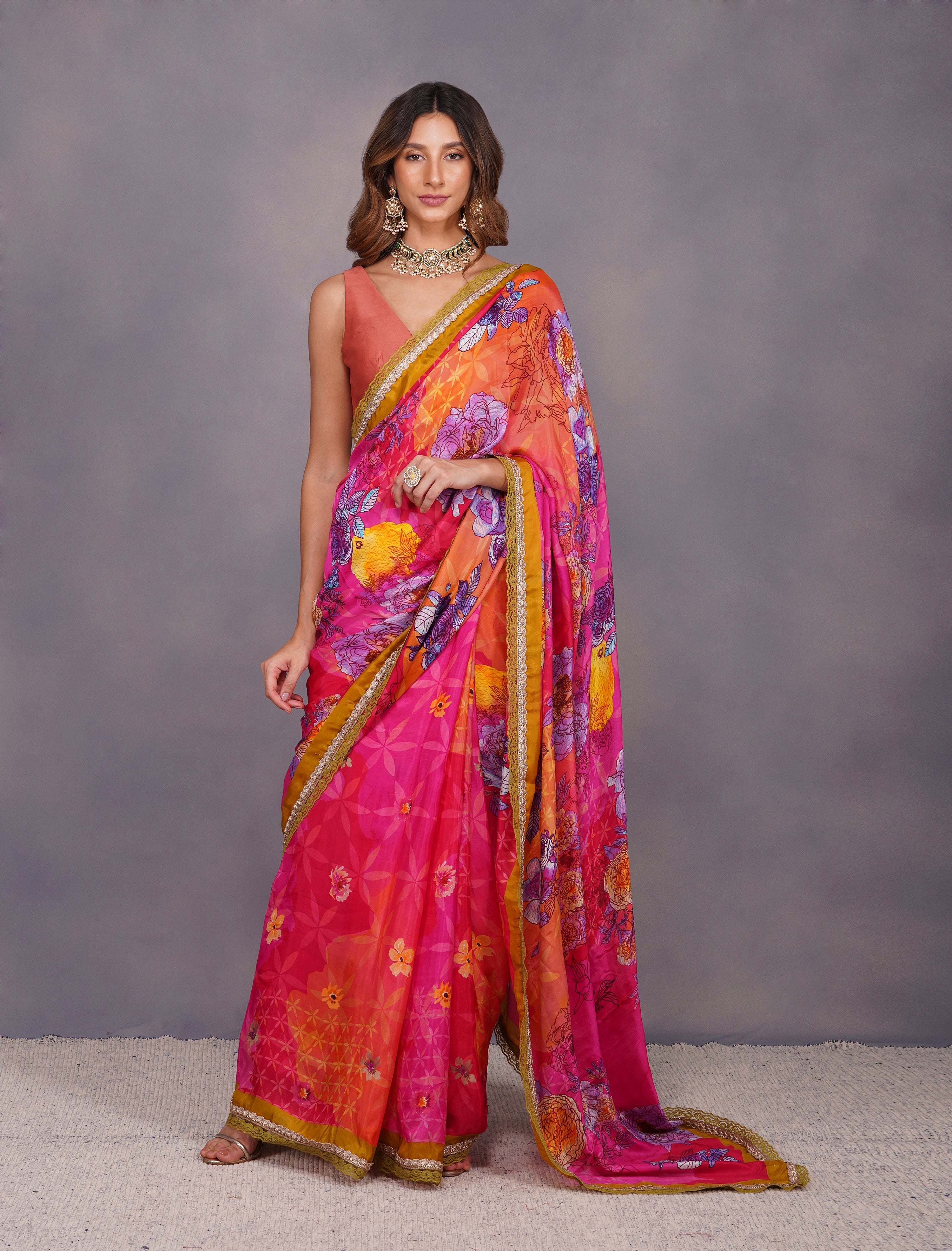 BIG FLOWER PRINT FUSCHIA SAREE