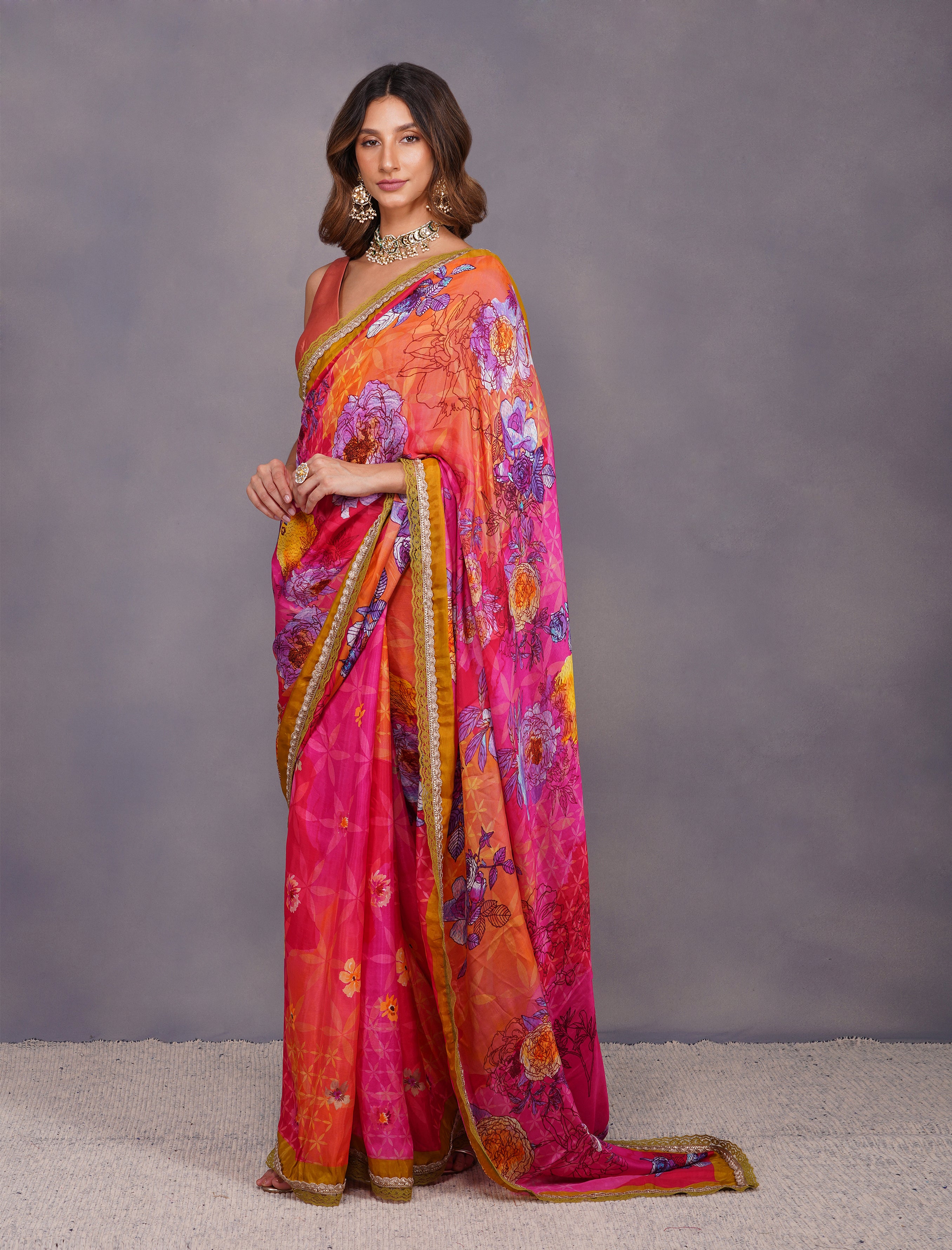 BIG FLOWER PRINT FUSCHIA SAREE