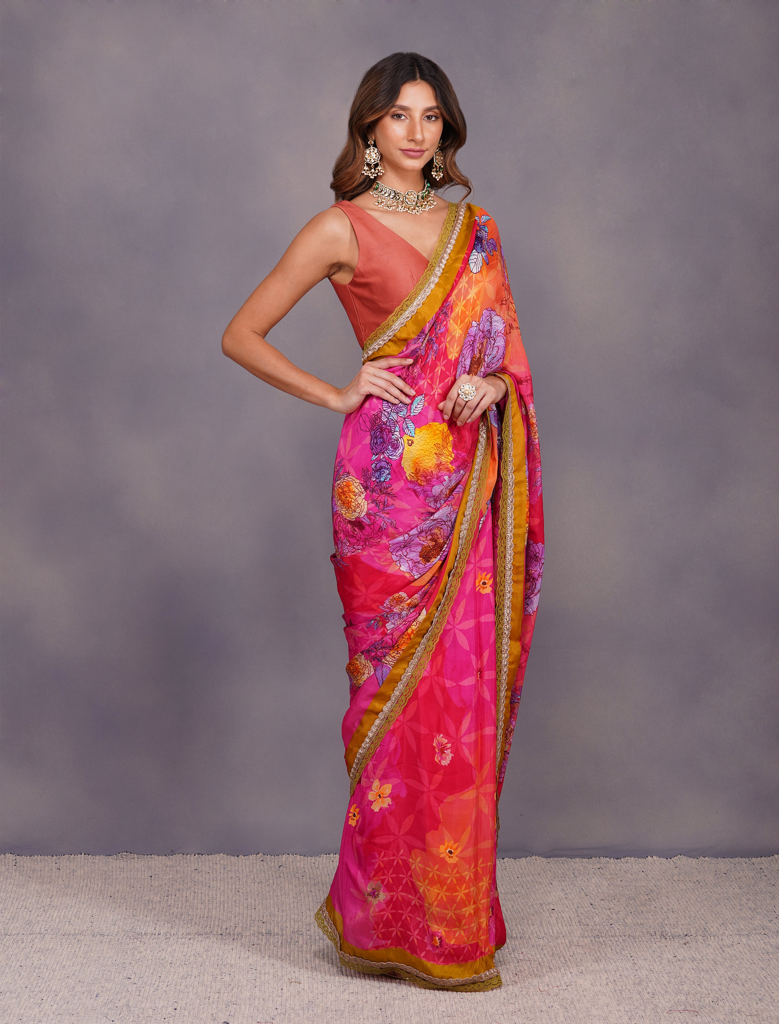 BIG FLOWER PRINT FUSCHIA SAREE