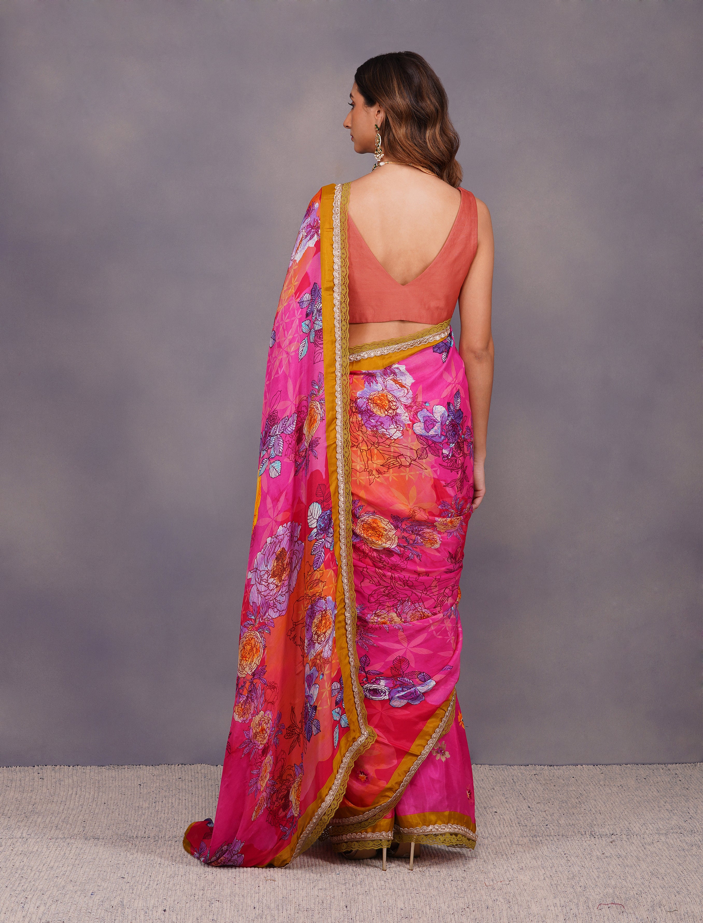 BIG FLOWER PRINT FUSCHIA SAREE