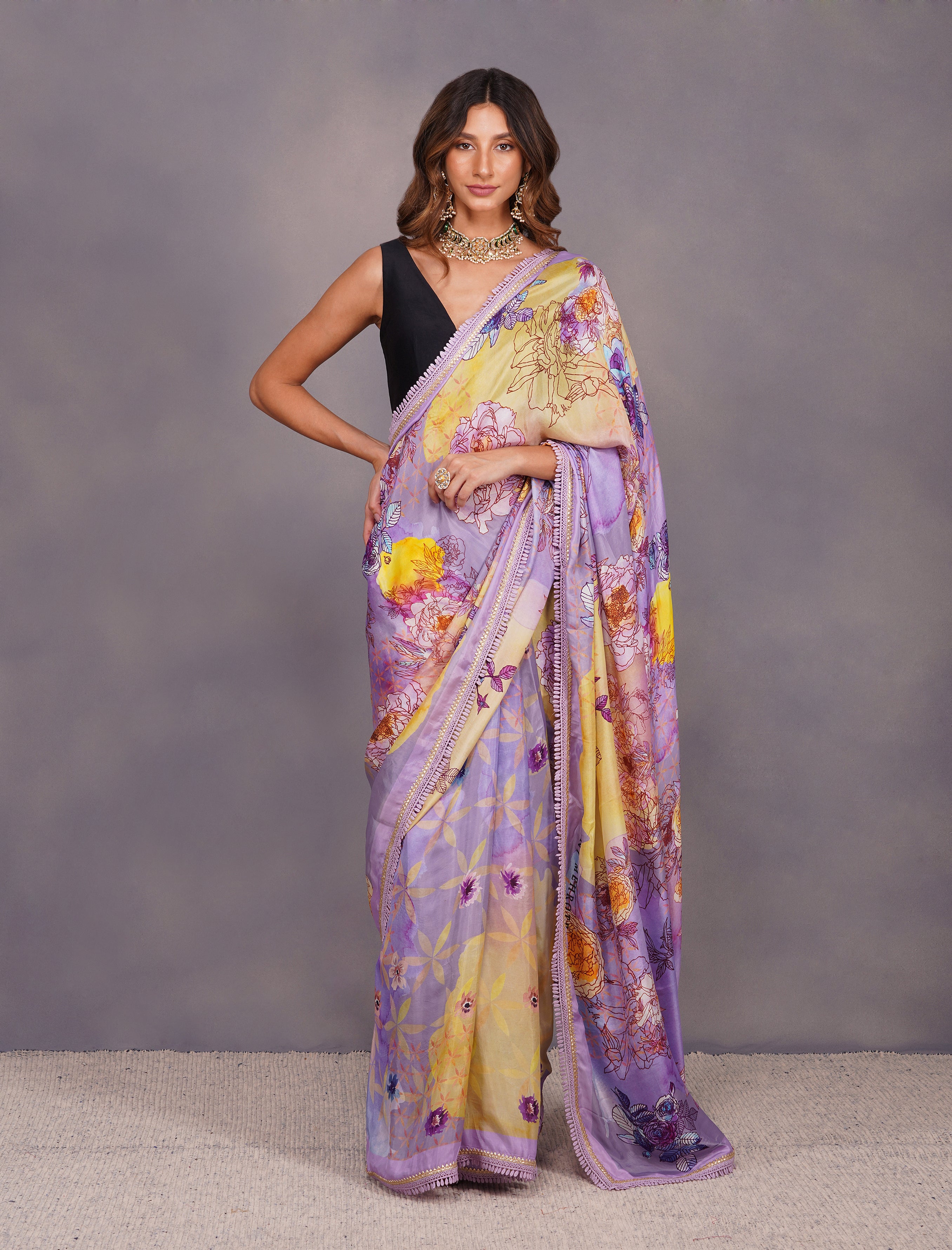 BIG FLOWER PRINT LAVENDER SAREE