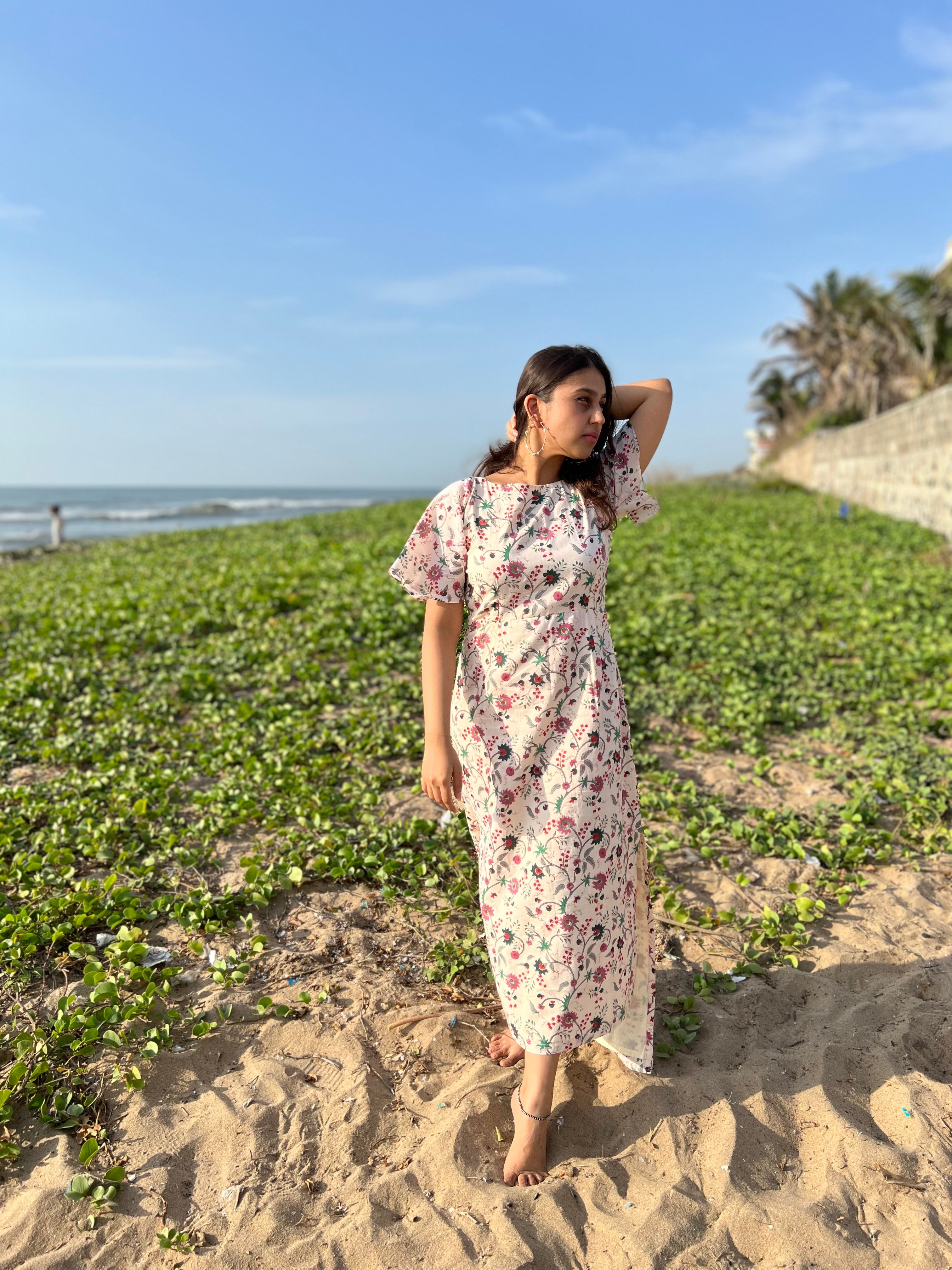 Beige cotton slit dress with floral block print