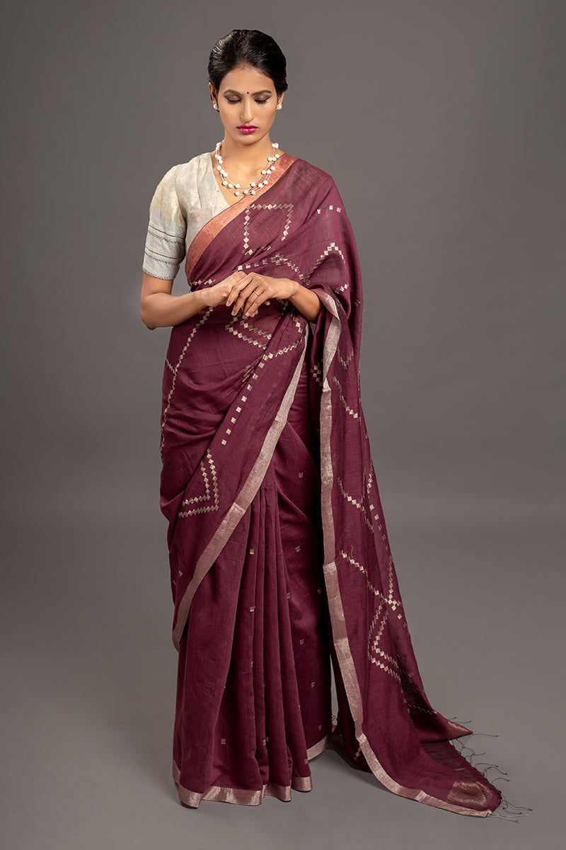 Burgandy Jamdani Khadi Handloom Saree