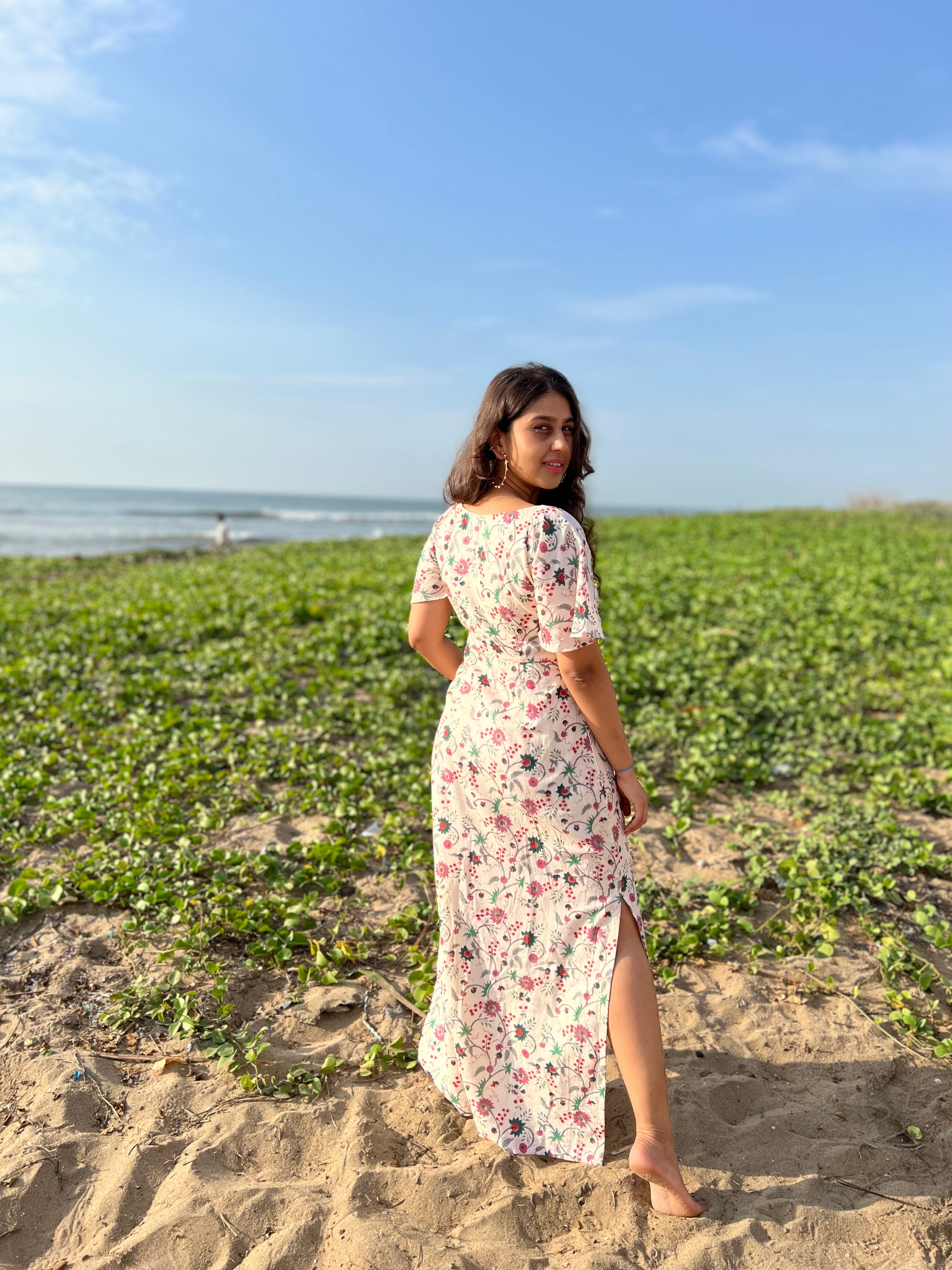 Beige cotton slit dress with floral block print