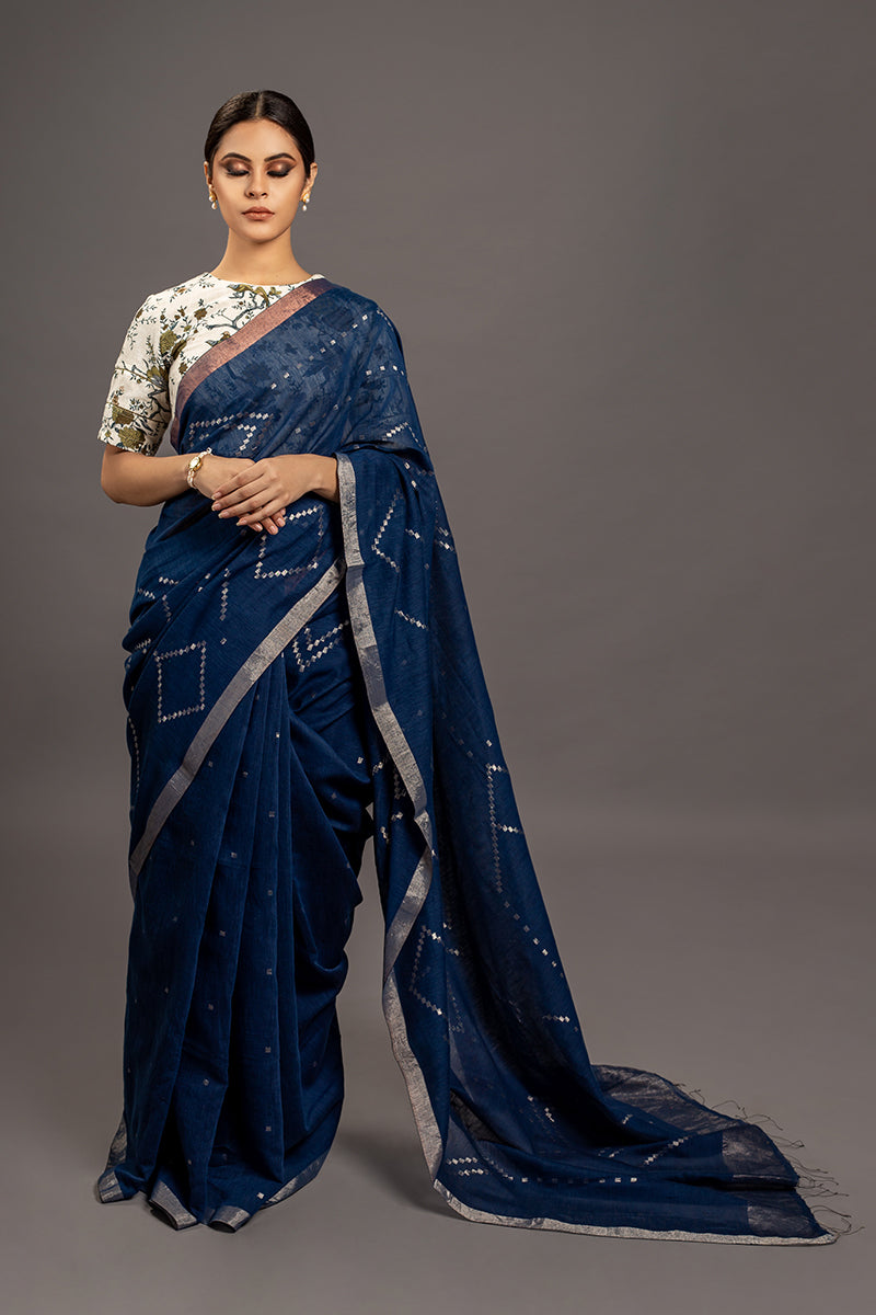 Indigo Jamdani Khadi Handloom Saree