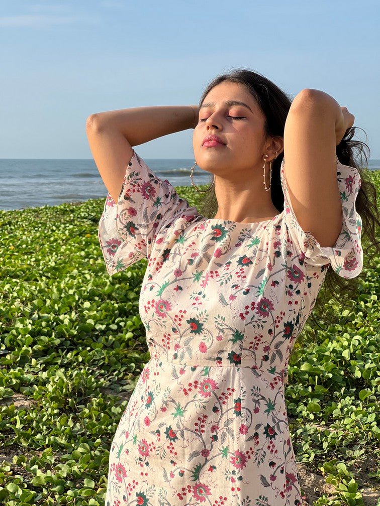 Beige cotton slit dress with floral block print