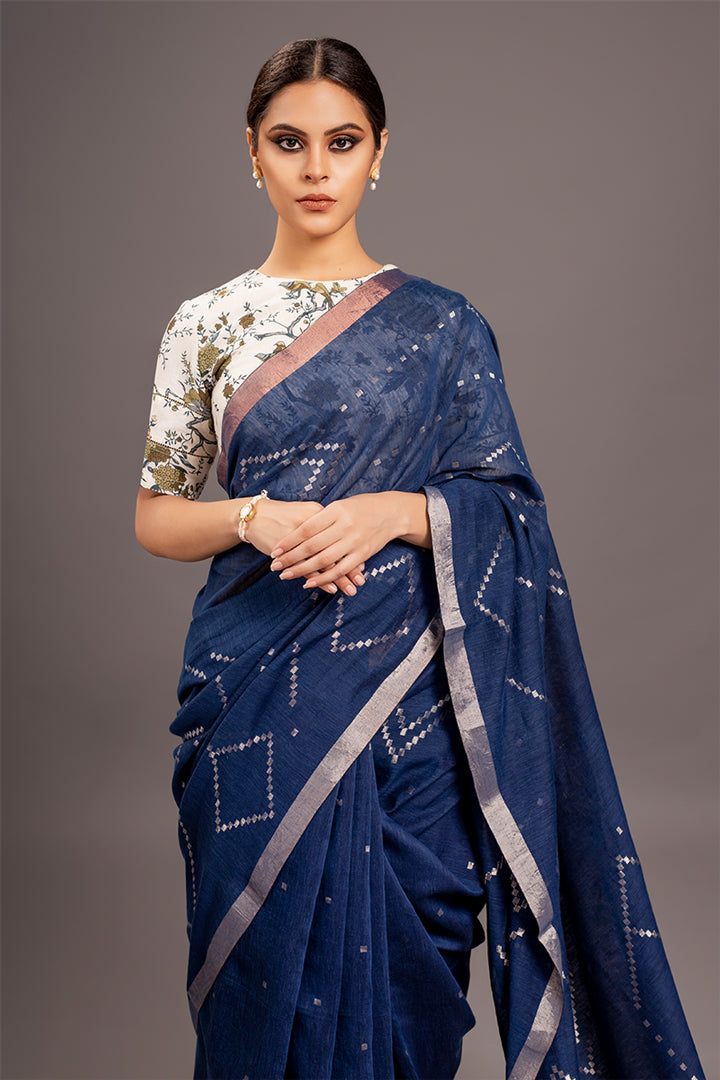 Indigo Jamdani Khadi Handloom Saree