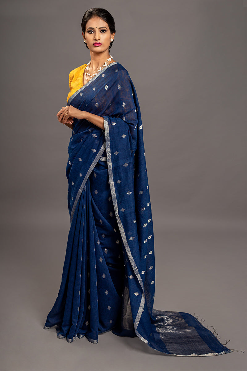 Indigo Jamdani Khadi Handloom Saree