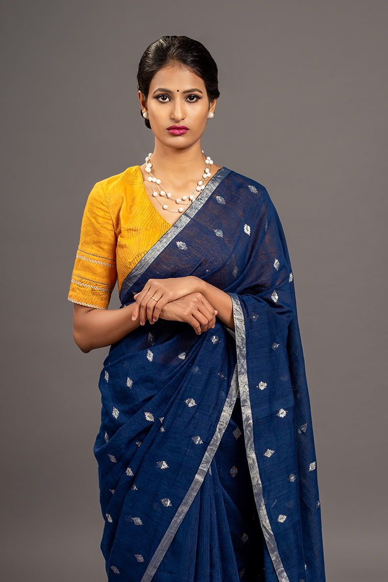 Indigo Jamdani Khadi Handloom Saree