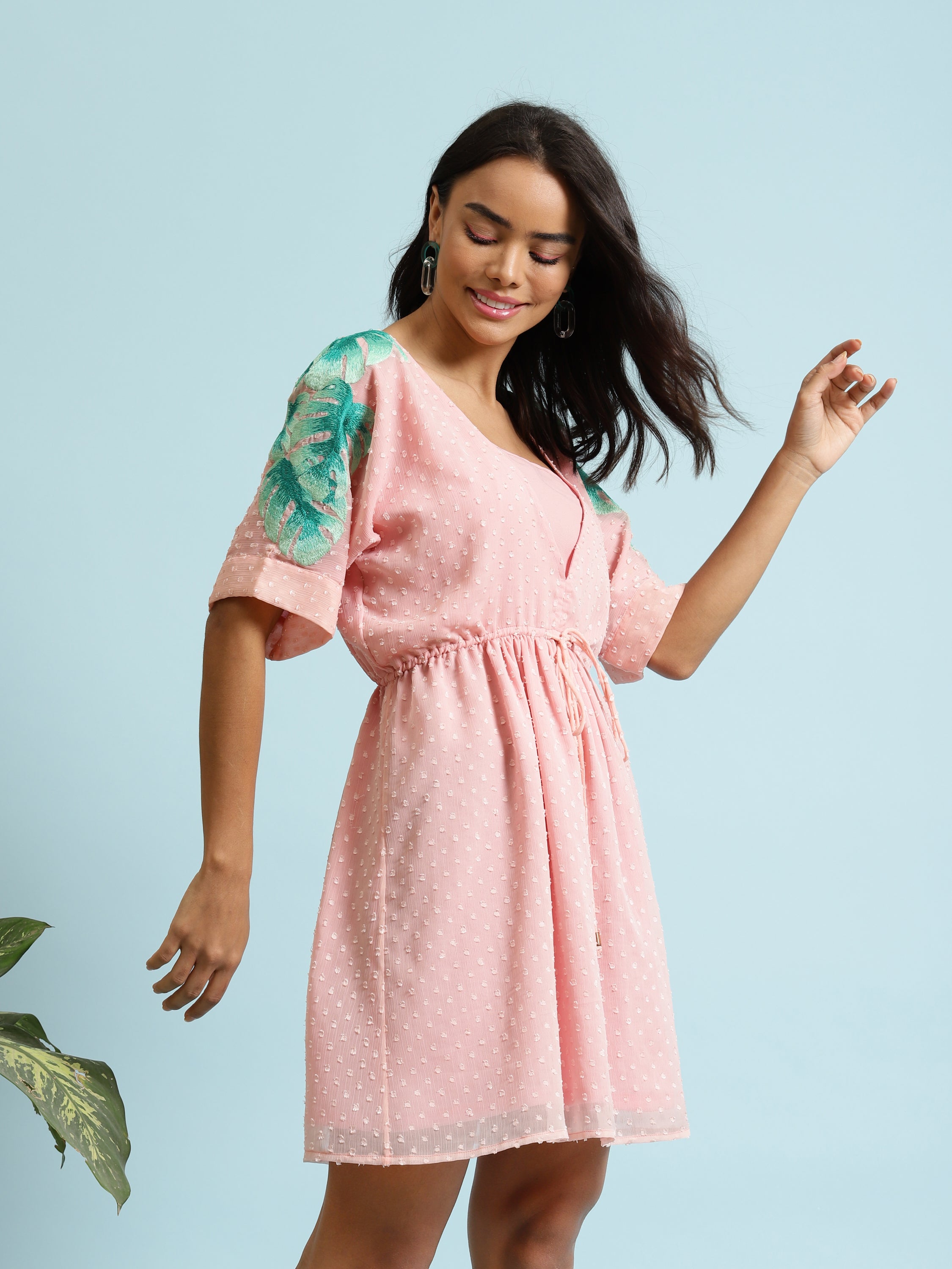 Pink Embroidered Drawstring Dress