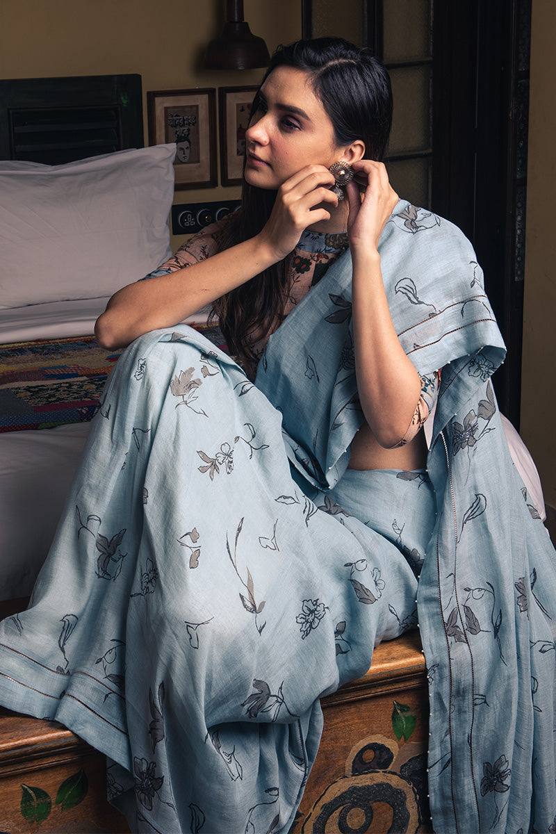 Blue Linen Handloom Saree