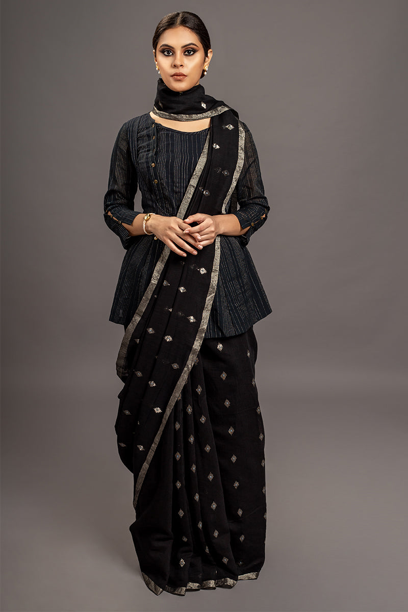 Black Jamdani Khadi Handloom Saree