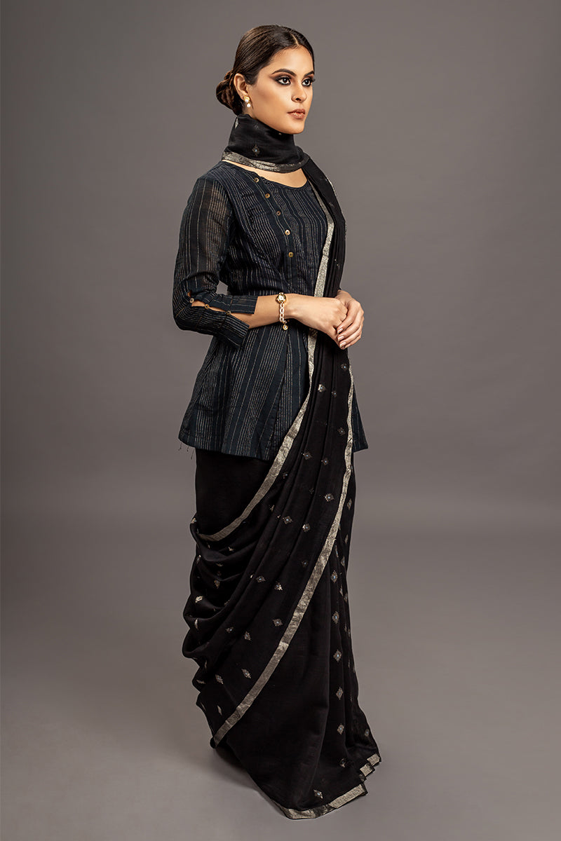 Black Jamdani Khadi Handloom Saree