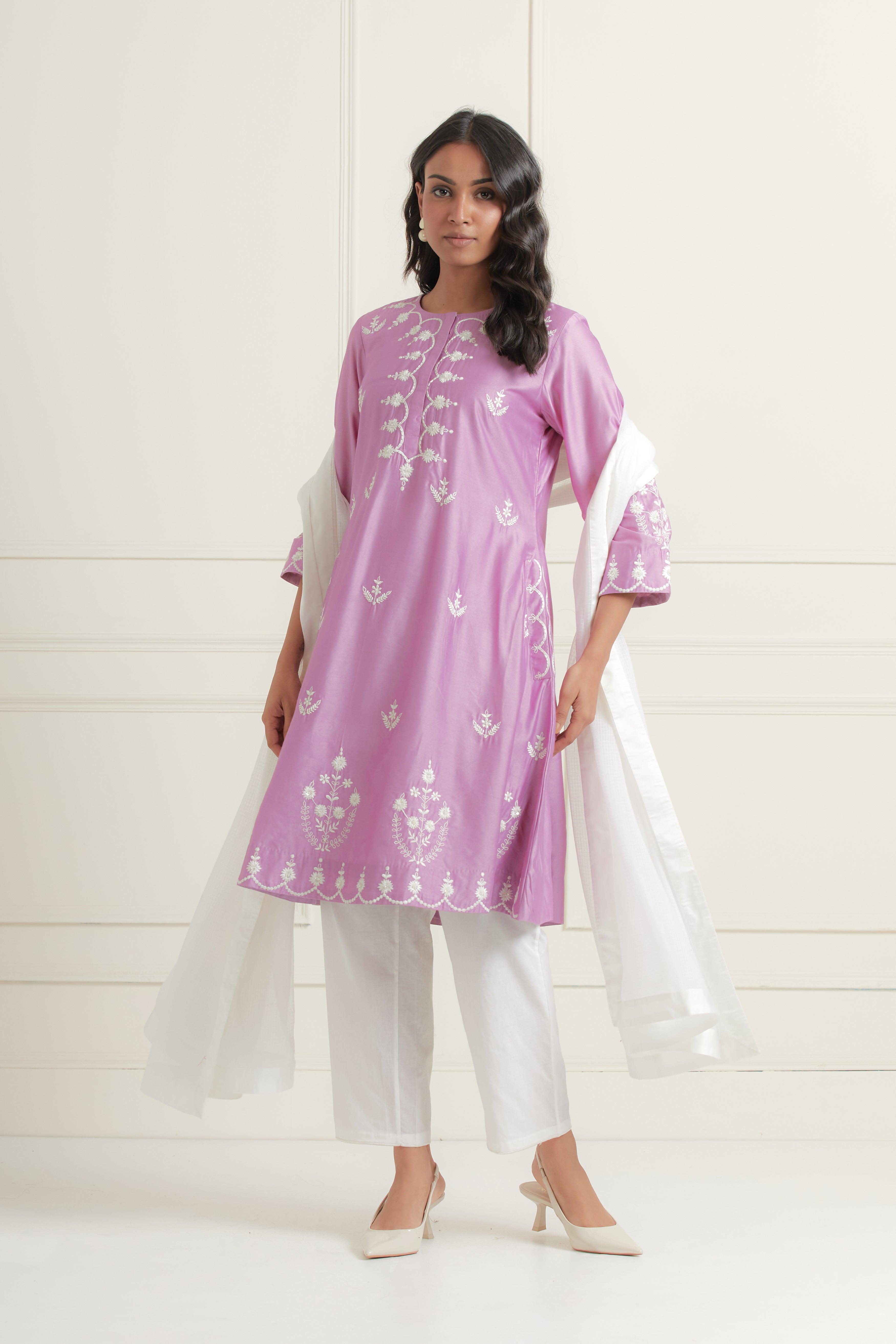 Purple embroidered chanderi silk kurta set