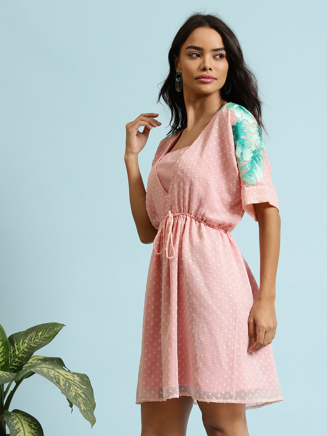 Pink Embroidered Drawstring Dress