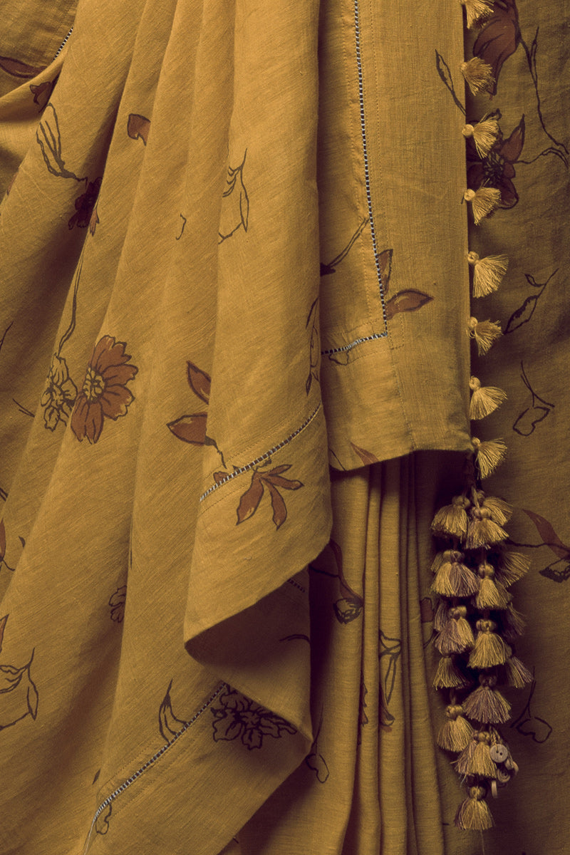 Mustard Yellow Linen Handloom Saree