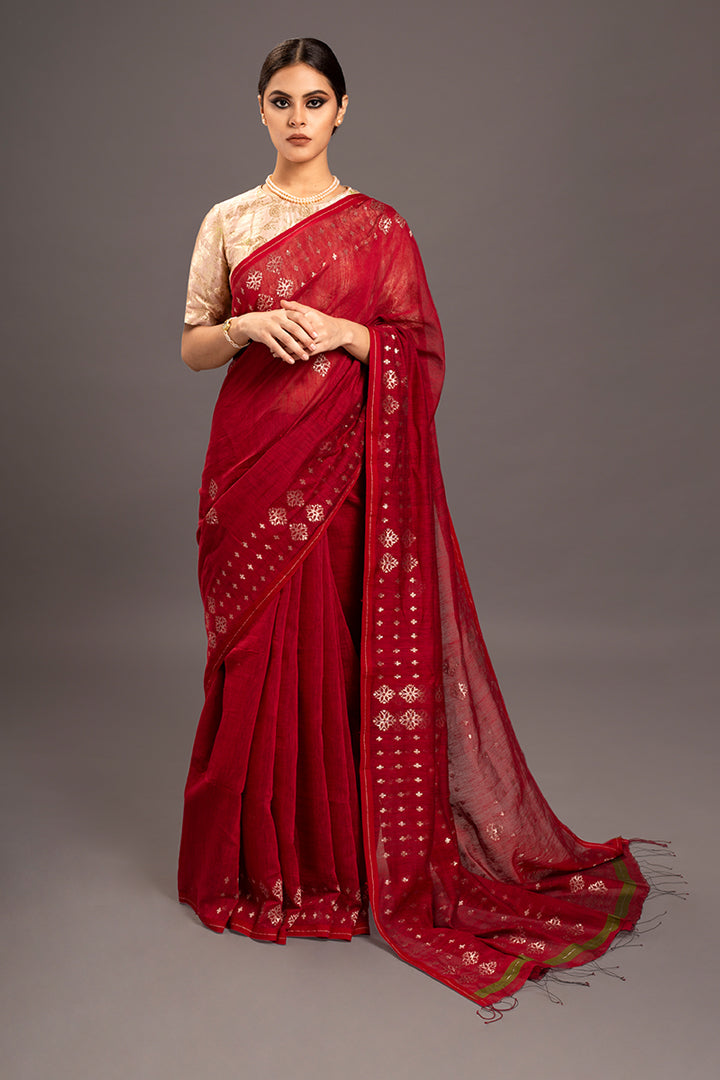 Red Jamdani Khadi Handloom Saree