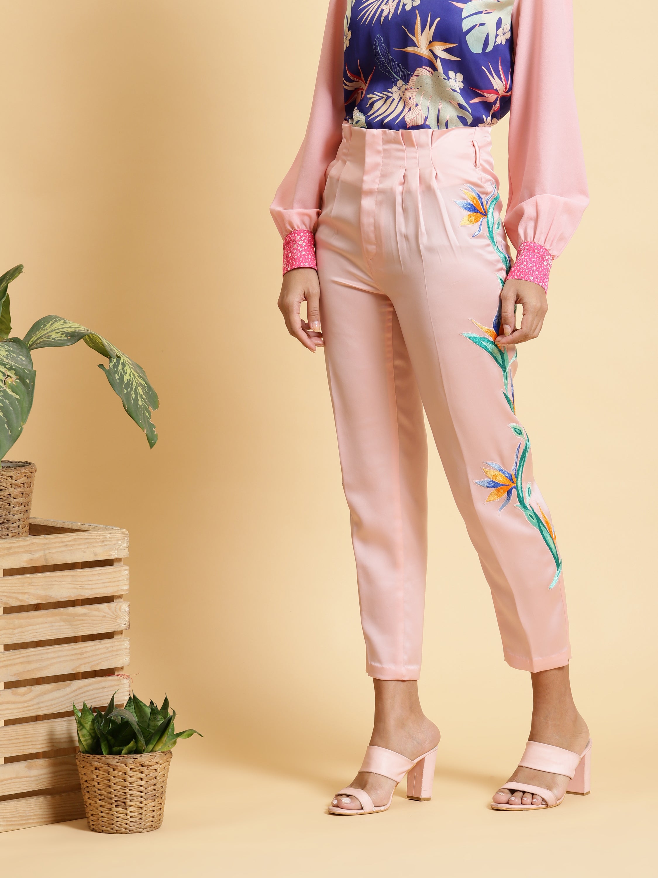 Pink Embroidered Paperbag Pants