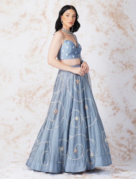 BAROQUE FLOWER PIGEON BLUE LEHENGA SET