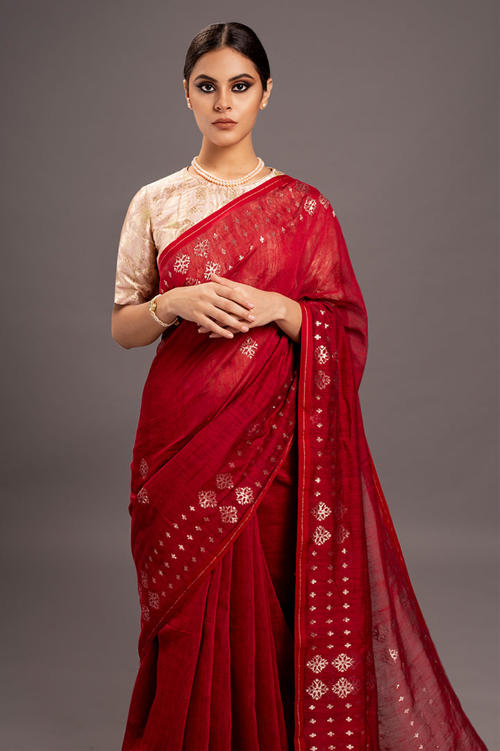 Red Jamdani Khadi Handloom Saree