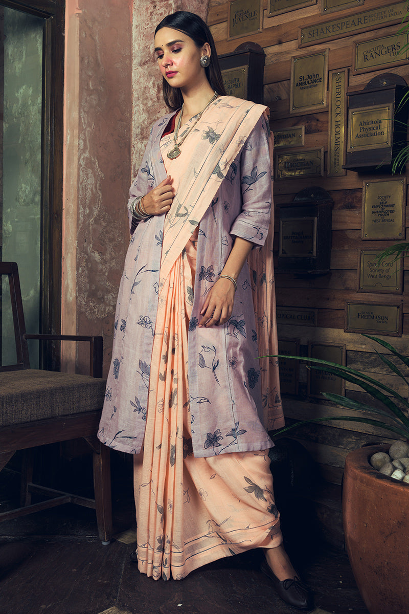 Pale Peach Linen Handloom Saree