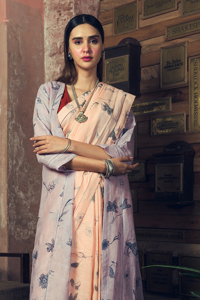 Pale Peach Linen Handloom Saree