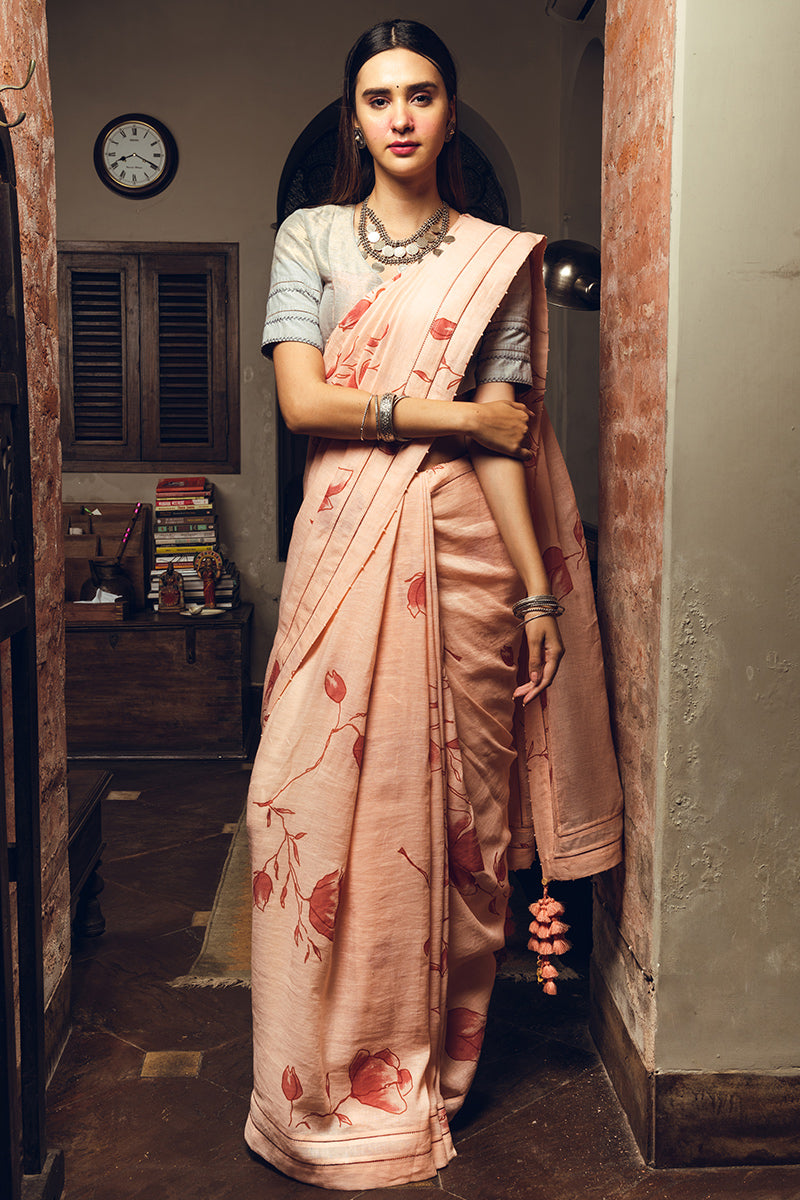 Pink Linen Handloom Saree