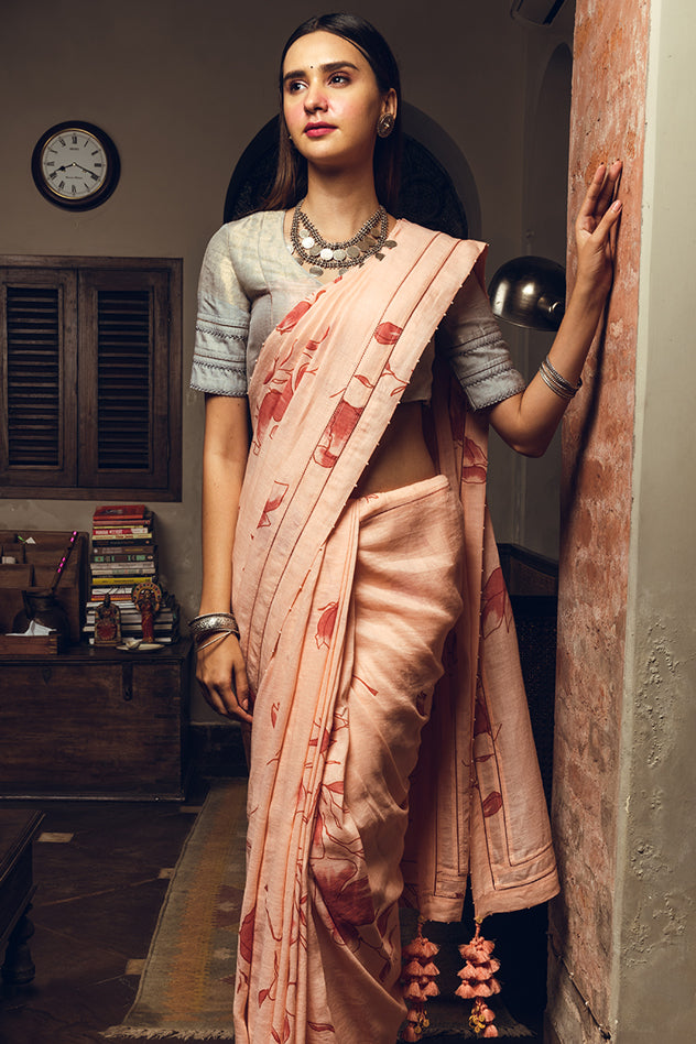 Pink Linen Handloom Saree