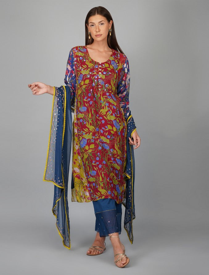 FLOWER PRINT PANELLED KURTA SET