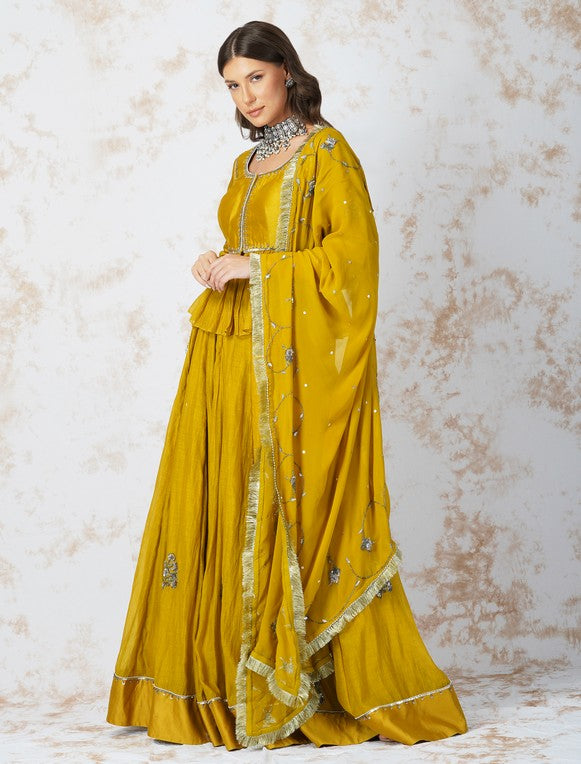 ANTIQUE WORK  MUSTARD LEHENGA SET