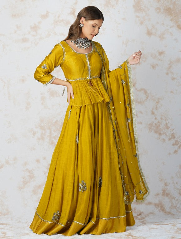 ANTIQUE WORK  MUSTARD LEHENGA SET