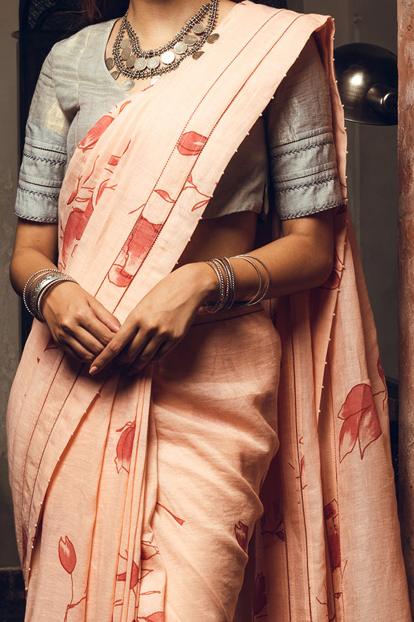 Pink Linen Handloom Saree