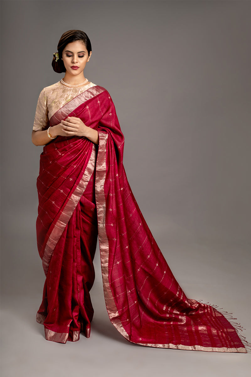 Carmine Jamdani Handloom Saree