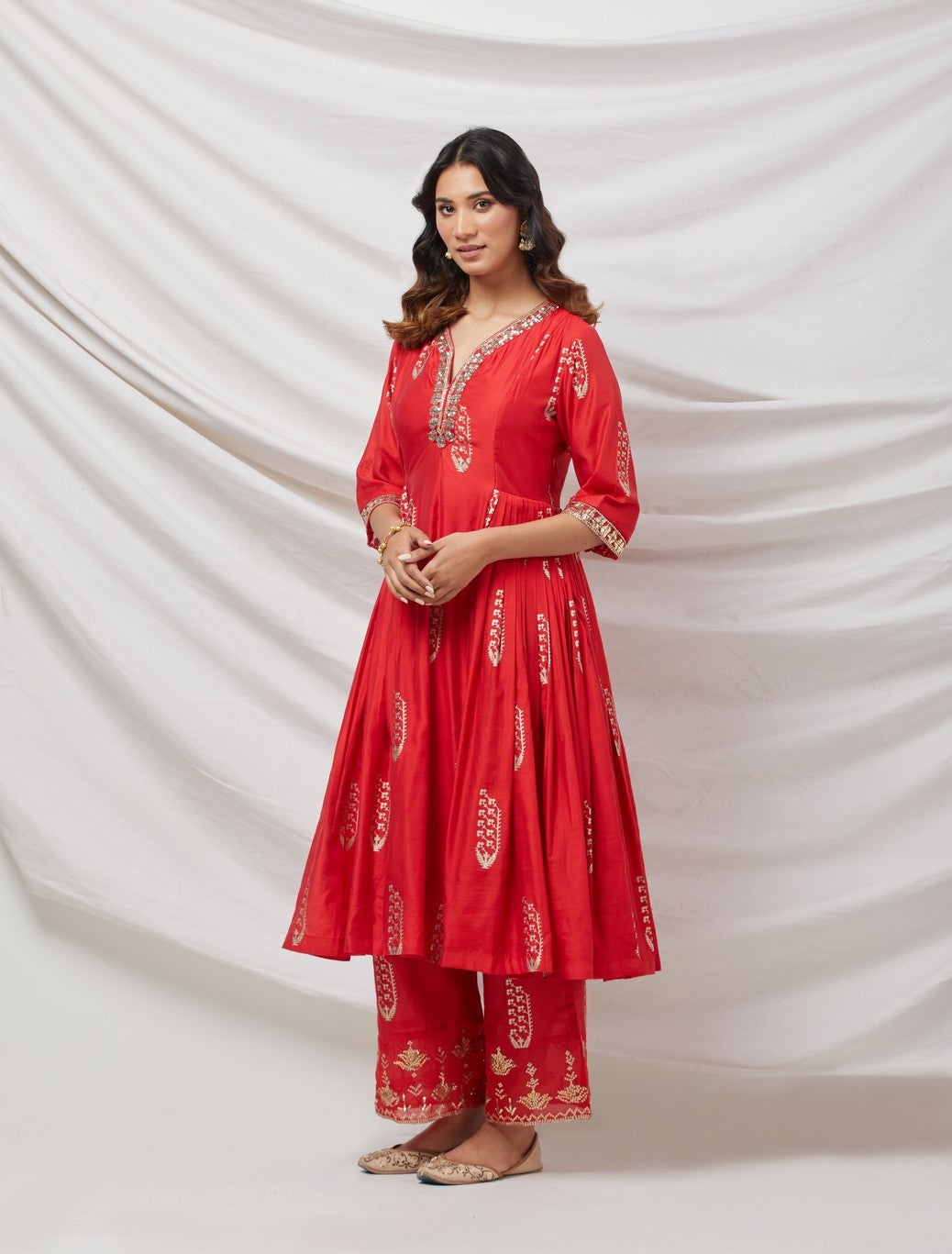 Red Cotton Silk Kurta Set