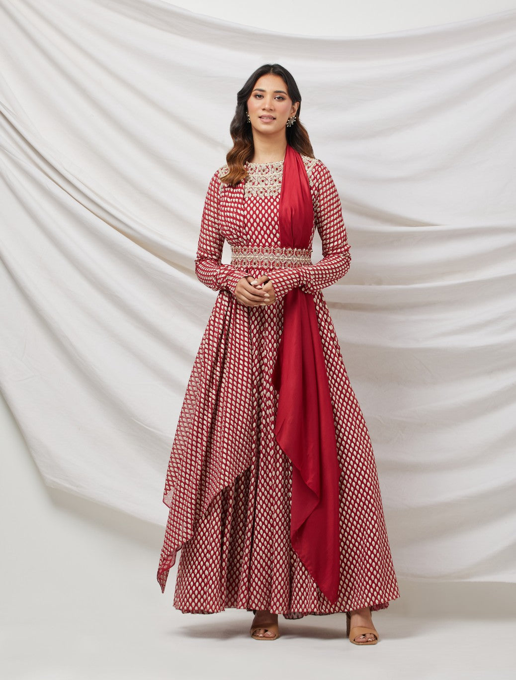 Red Embellished Anarkali Set With Belt