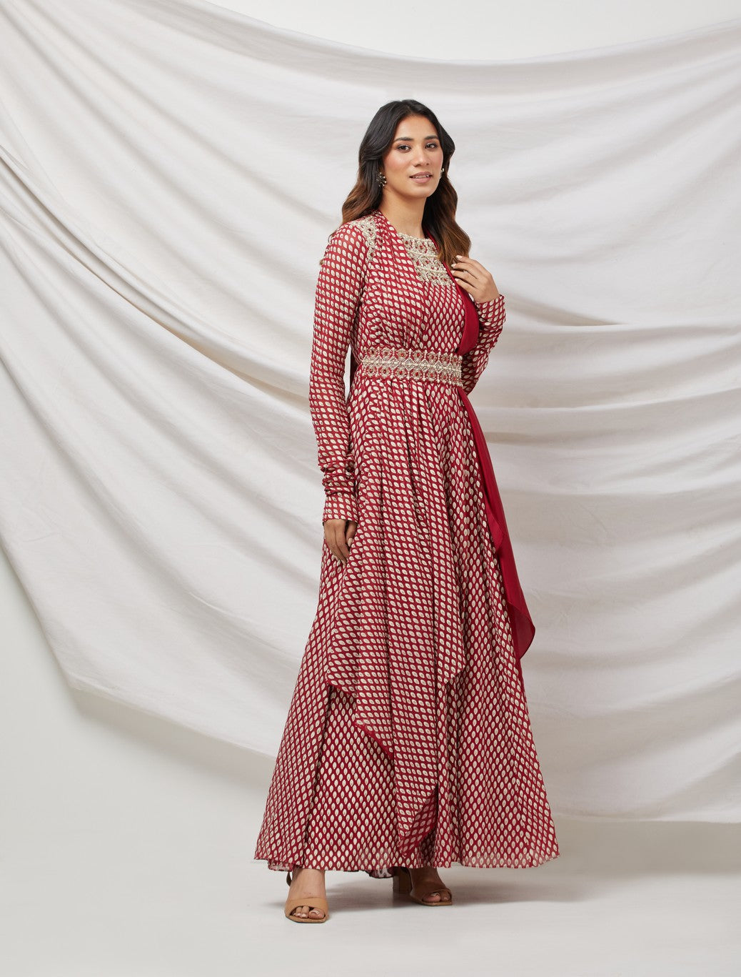 Red Embellished Anarkali Set With Belt