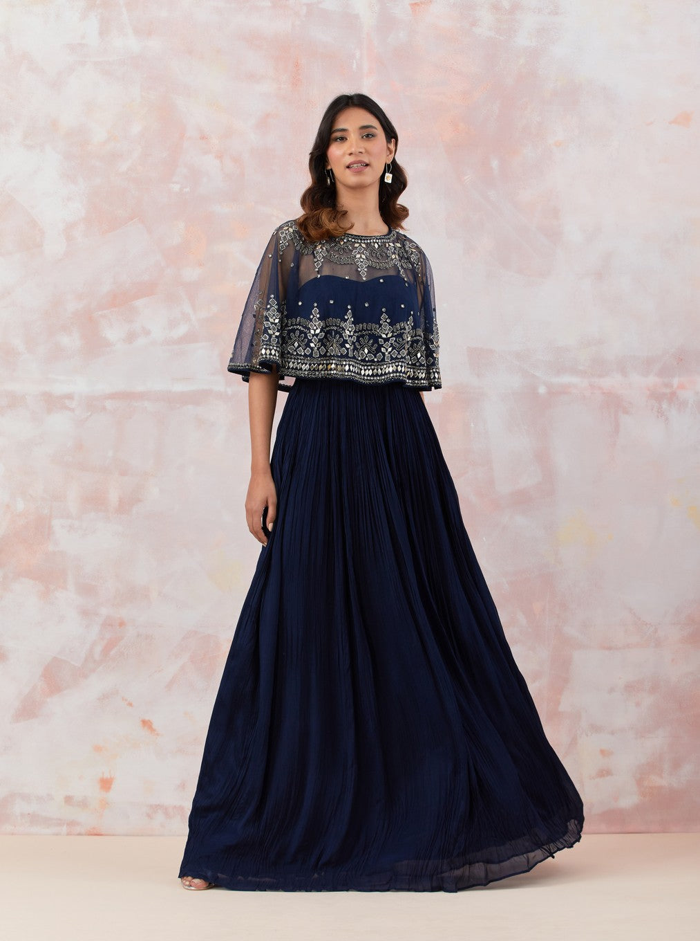 Blue Caped Gown With Embroidery