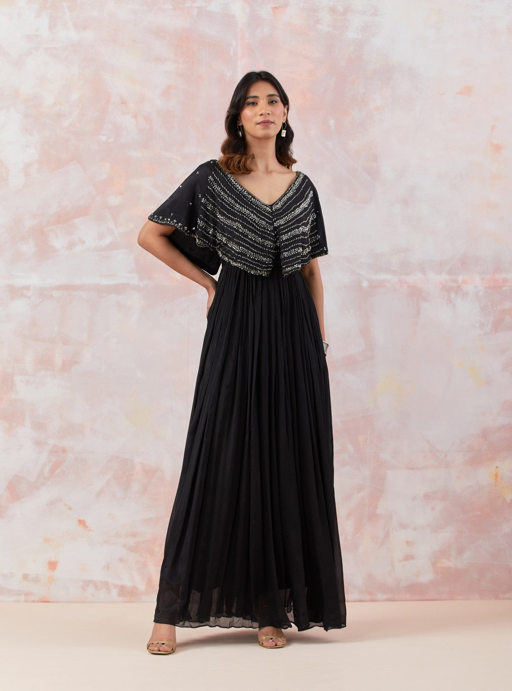 Black Caped Gown With Embroidery