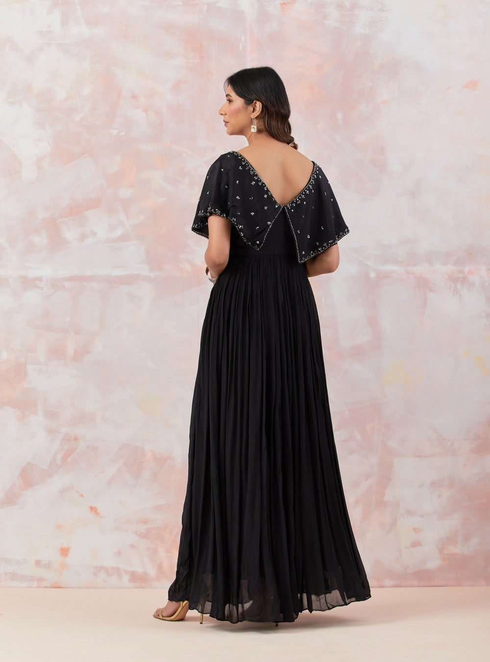 Black Caped Gown With Embroidery