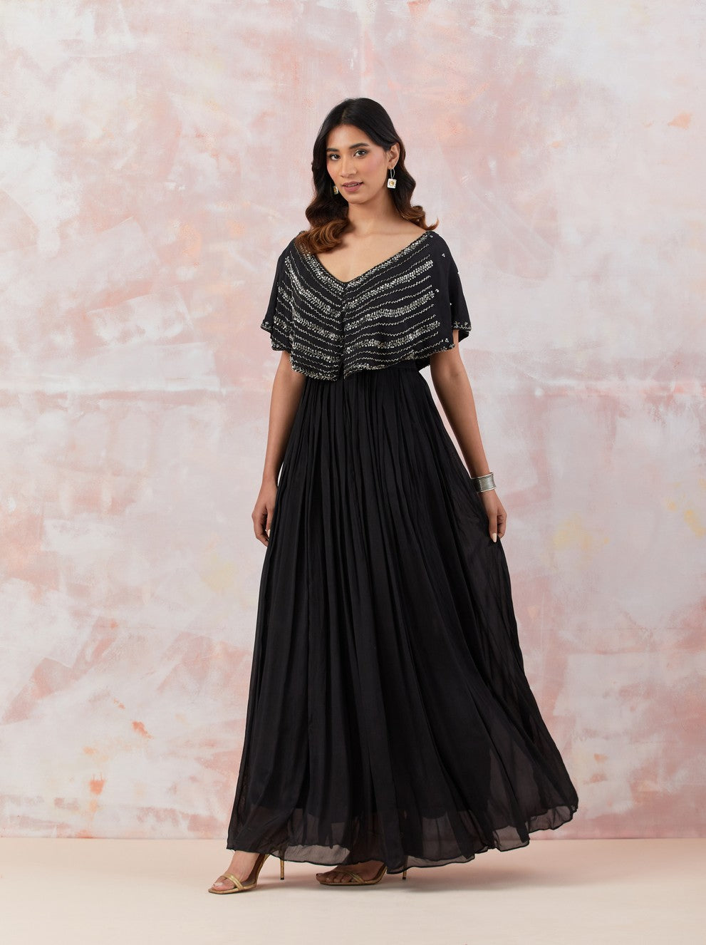 Black Caped Gown With Embroidery