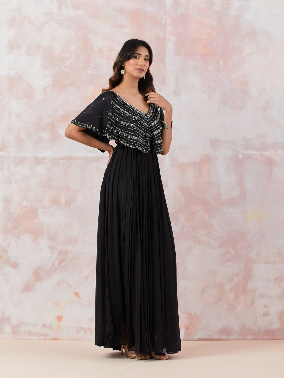 Black Caped Gown With Embroidery