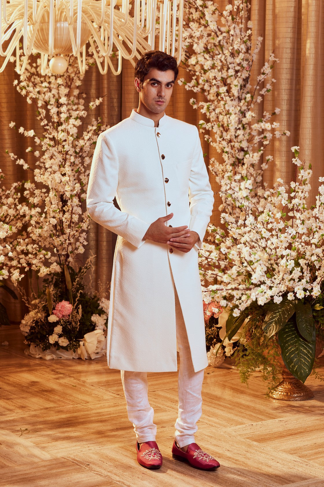 White Textured floral Sherwani