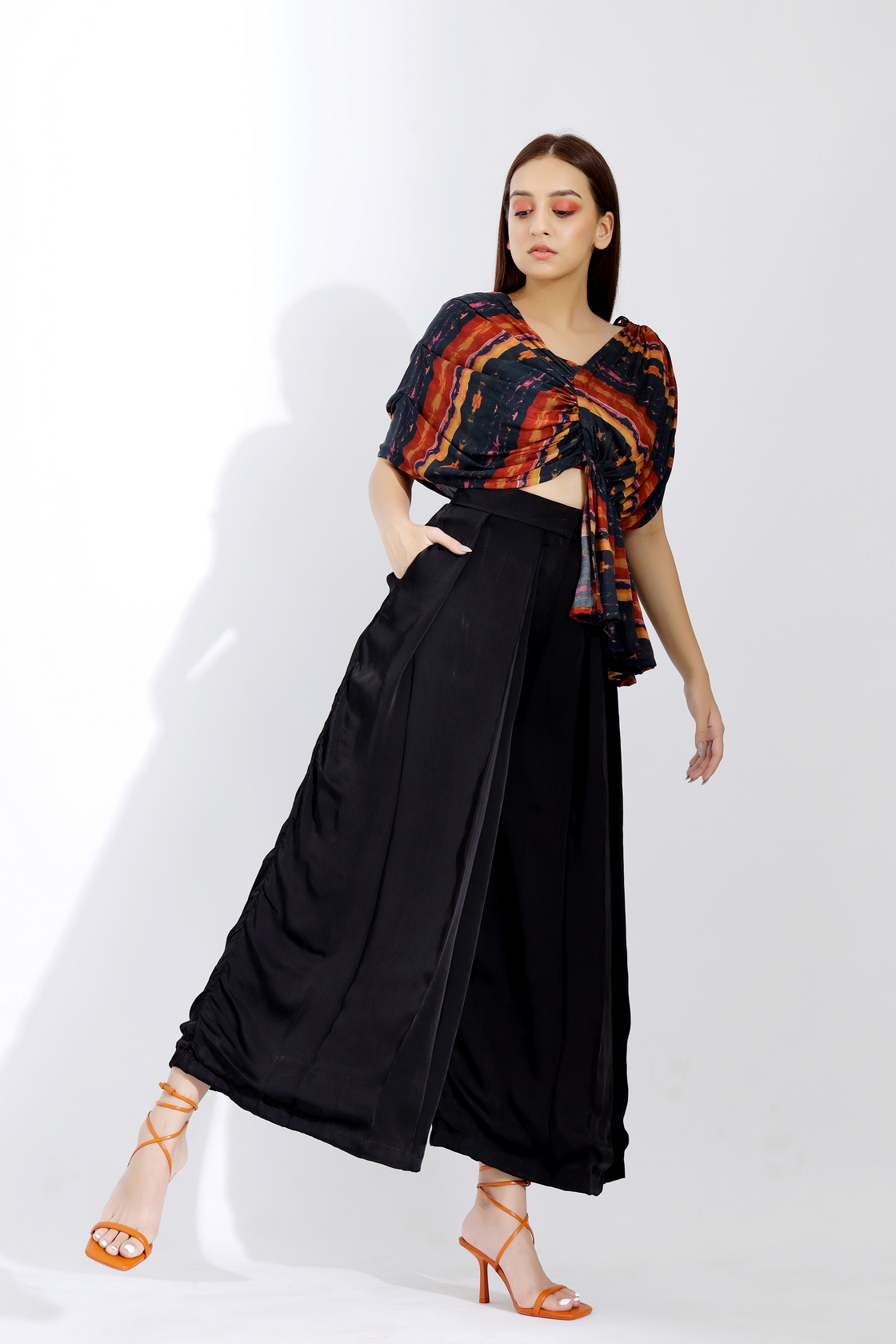 PRINTED DRAPE BLOUSE AND INVERTED PLEAT PANTS